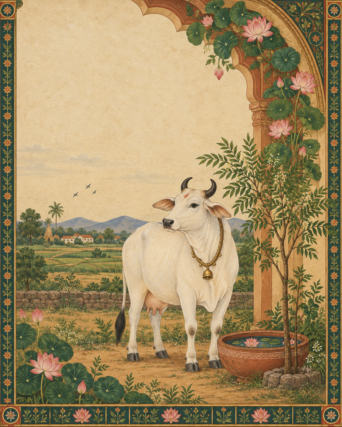 Original Gau GanGa artwork of a cared-for cow in a living landscape